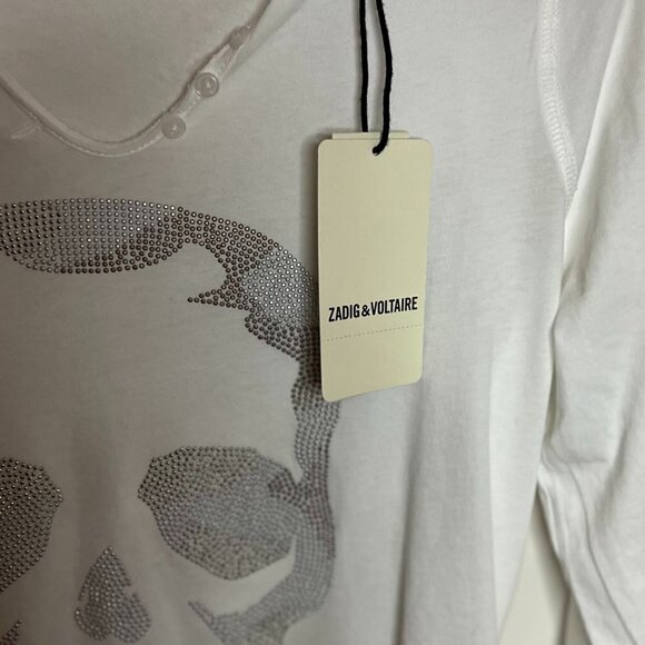 ZADIG & VOLTAIRE Tunisien Tee Top Henley White Rhinestone Skull LS Size S - Picture 2 of 7